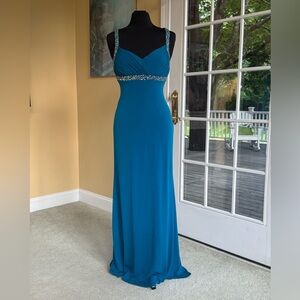 Hailey Logan by Adrianna Papell Teal Sequin Empire Waist Open Back Gown 7/8